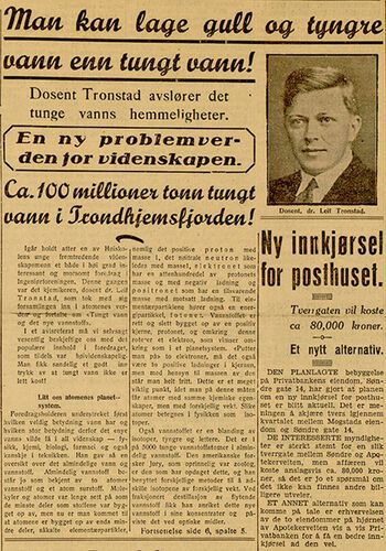 Tronstad var en synlig aktør i samfunnsdebatten i kjølvannet av oppdagelsen av tungtvannet. Her ser vi omtale av ett av hans foredrag på midten av 1930-tallet. Les mer om hvordan norske og utenlandske fagfolk utvekslet kunnskap under krigen .&amp;#160;Foto: NTNU – Universitetsbibiloteket, Leif Tronstads arkiv