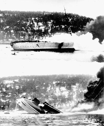 Om morgenen 9. april 1940 skulle krysseren Blücher sette i land 800 infanterister i Oslo, men ble beskutt fra Oscarsborg festning og sank ved Drøbaksundet. Les mer om overfallet av Norge . Foto: NTB scanpix