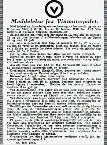Under annen verdenskrig var Vinmonopolets varer rasjonert gjennom et kjøpekortsystem. Reglene for hvem som kunne kjøpe hva og når de kunne handle endret seg stadig . Som vi ser av denne meddelelsen fra juni 1943 var det mye å sette seg inn i om man skulle lykkes i å handle polvarer. Foto: ukjent/Vinmonopolets arkiv