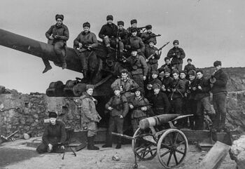 Sovjetiske soldater ved en tysk kanon i Liinahamari i Petsamo. Kanonen hadde blitt erobret under offensiven på Litsa-fronten i oktober 1944. Denne offensiven hang sammen med de sovjetiske styrkenes frigjøring av Øst-Finnmark samme måned . Foto: Ukjent/Fotokhronika TASS/NTBs krigsarkiv, Riksarkivet