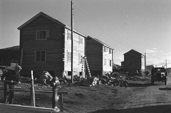 60 000 mistet hjemmene sine under andre verdenskrig i Finnmark og Nord-Troms. For å løse boligkrisen inviterte gjenreisnings­direktoratet til en arkitekt­konkurranse om utforming av hustyper som kunne oppføres hurtig. Her ser vi en laftet modell fra konkurransen oppført i Honningsvåg i 1946.Denne modellen passet overens med tradisjonell byggeskikk i området, men mindre ressurskrevende modeller tok etter hvert over. Foto: Ola Hanche-Hansen/Museene for kystkultur og gjenreisning i Finnmark IKS