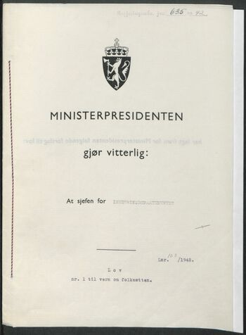 Under okkupasjonen ble en ny steriliseringslov formulert av NS-adminsitrasjonen: Lov nr.1 til vern om folkeætten. Denne avløste steriliseringsloven av 1934 frem til frigjøringen og åpnet for tvangssterilisering på grunnlag av det som ifølge NS-ideologi var «arvemessig degenerasjon av folket». Foto: Riksarkivet (side 1 av 5).