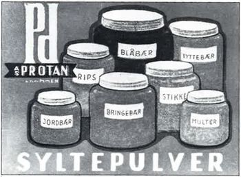 Pakke-etiketten til Protan syltepulver, som ble lansert rett etter krigen. Syltepulveret inneholdt bleket alginat, sukker, ascorbinsyre og tilsatt konserveringsmiddel og farge. Produktet kunne erstatte pektin, som ble importert fra utlandet. Les mer om produkter som ble laget av tang og tare i etterkrigsårene . Foto: Protan AS