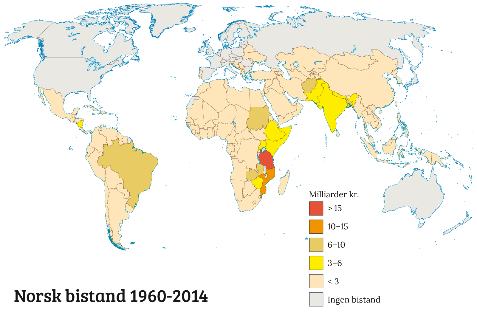 Kartet viser mottakerland og sum av norsk bistand 1960-2014