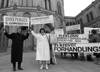 Husmorforbundets landsstyre demonstrerte utenfor Stortinget i 1988. I 1990 vedtok Stortinget omsorgslønn og opptjening av pensjonspoeng gjennom omsorgsarbeid. Les mer om utviklingen av velferdsordningene . Foto: Morten Uglum/Aftenposten/NTB scanpix