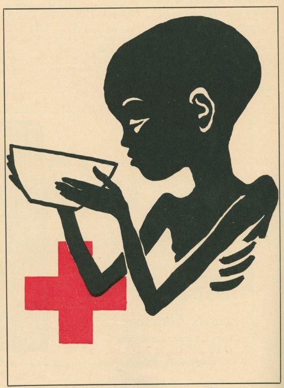 Kampanjeplakat fra Røde kors. Et utsultet barn og et rødt kors.