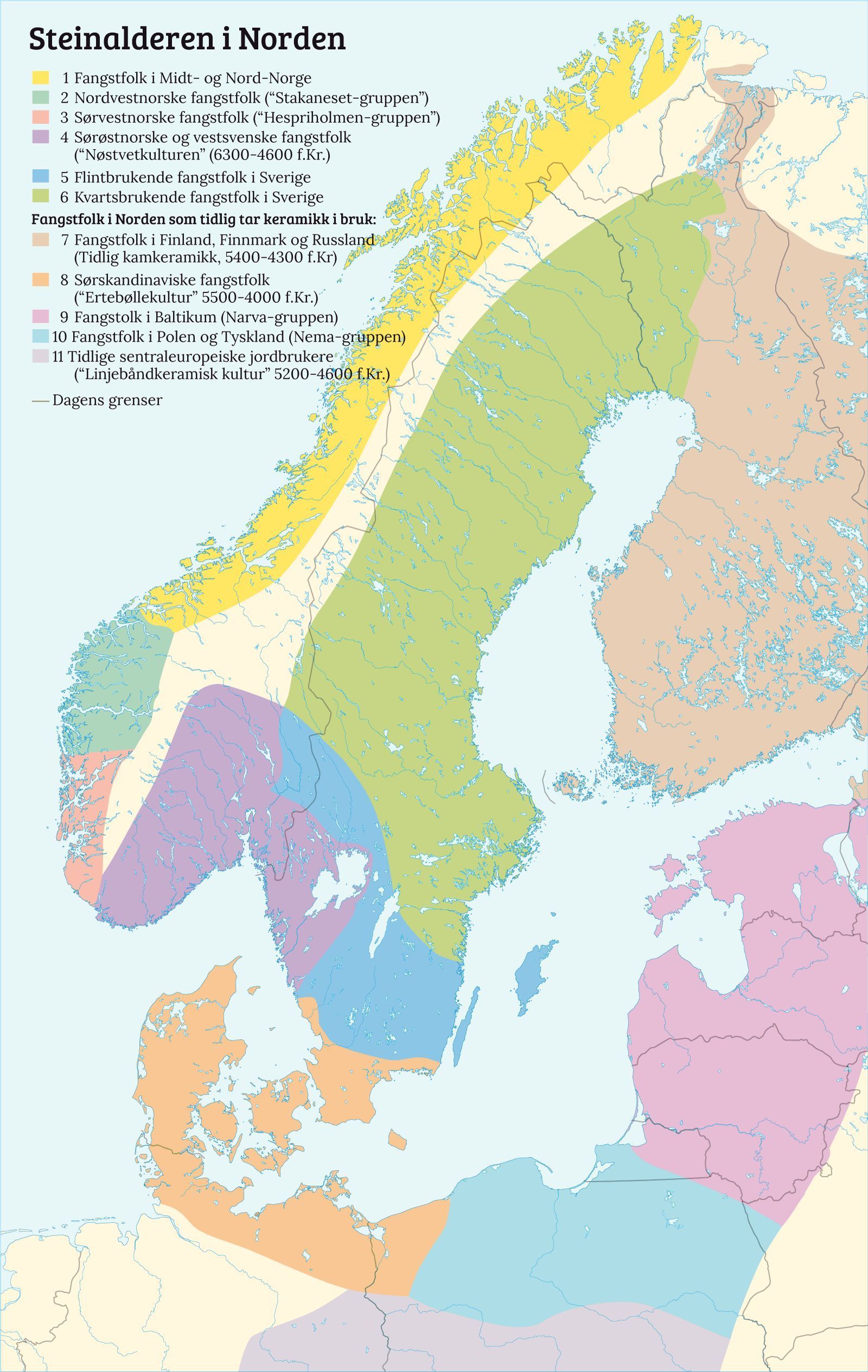 Kart som viser ulike kulturer i Norden, og som markerer fangstfolk som tidlig tar i bruk keramikk: i Finland, Finnmark, Russland, Sør-Skandinavia, Baltikum, Polen, Tyskland, Sentral-Europa