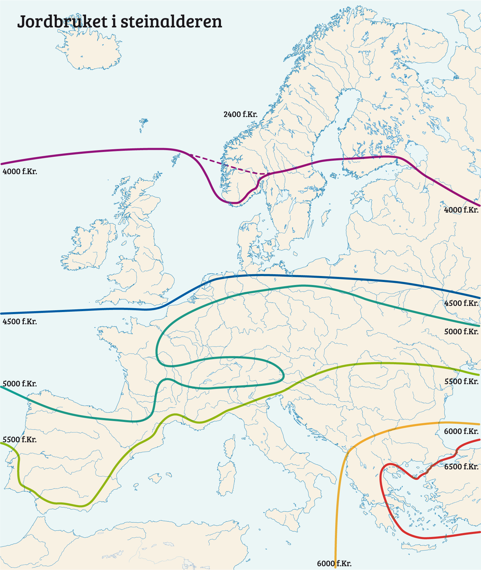 Kart som viser utbredelse av jordbruk i Europa i forskjellige årtusen i steindalderen