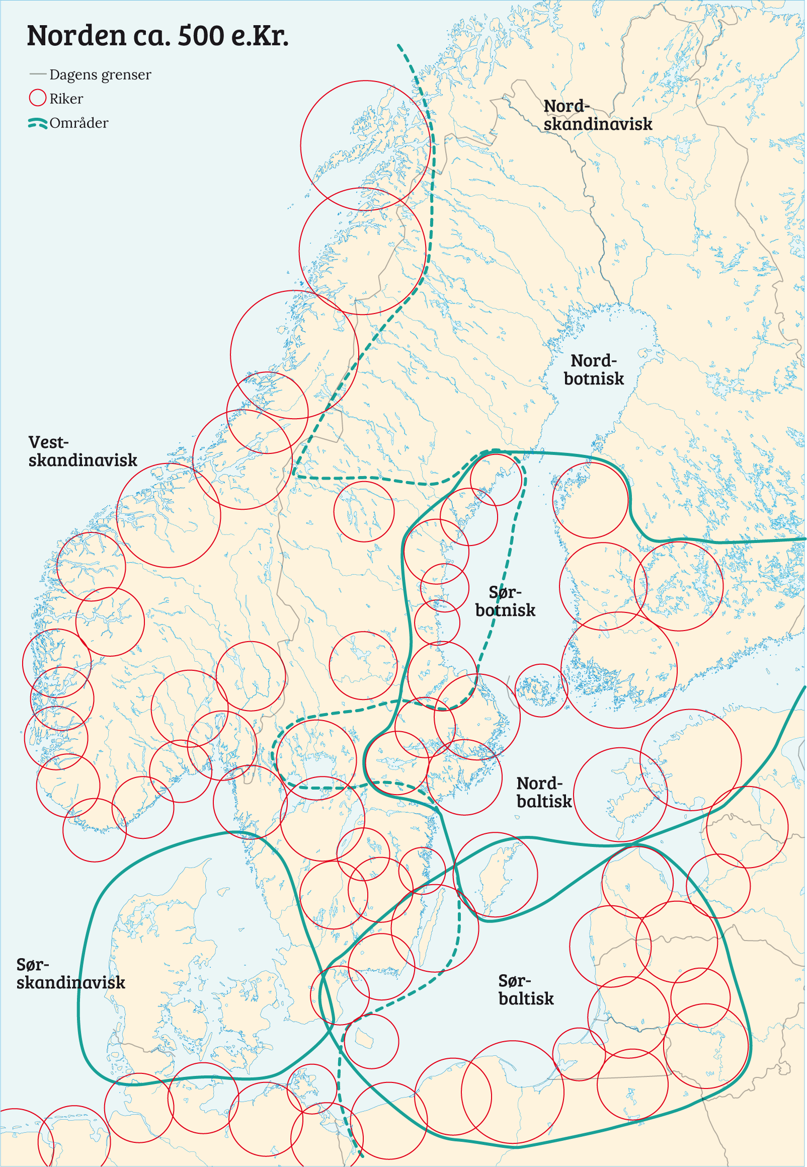 Kart over Norden som viser riker, ca. 500 e.Kr. Rikene er konsentrert rundt kysten, med noen noen mil i diameter hver