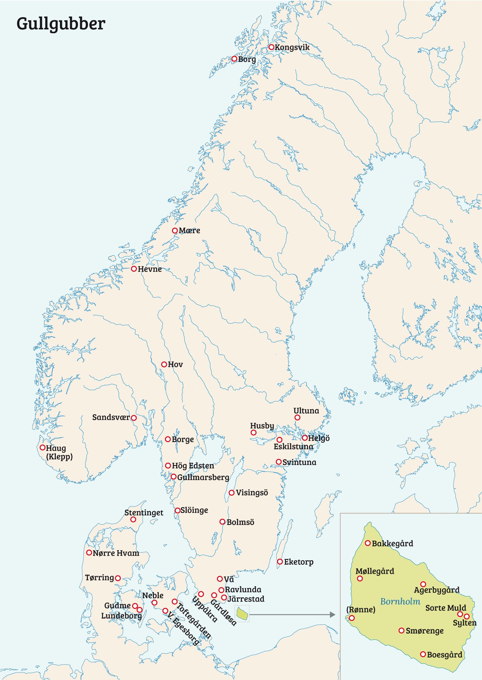 Kart som viser funn av Gulgubber i Norden. De fleste er konsentrert rundt Sør-Sverige og Danmark, ellers spredt i Norge
