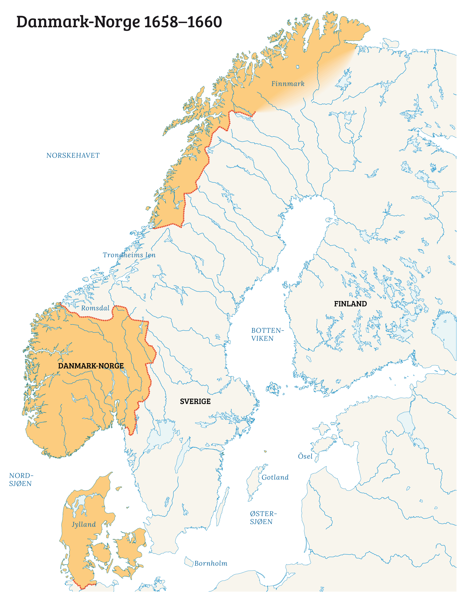 Kart som viser Danmark-Norge mellom 1658–1660: Trondhjems len og Romsdal er nå svensk, og den svenske delen av den skandinaviske halvøya erobret.