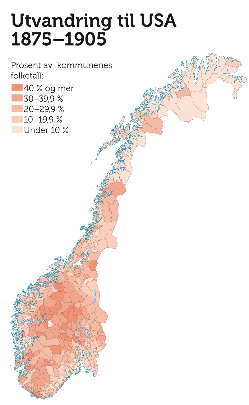 Kart over Norge. Viser prosentvis utvandring fra Norge til USA fra ulike regioner i Norge.