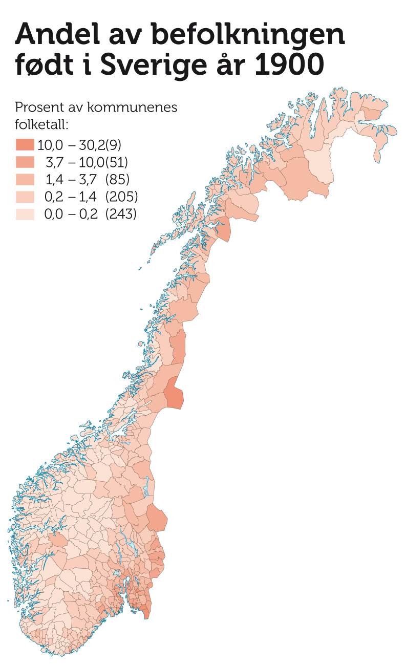 Kart over Norge. Viser prosentvis andel av befolkningen i Norge født i sverige i 1900