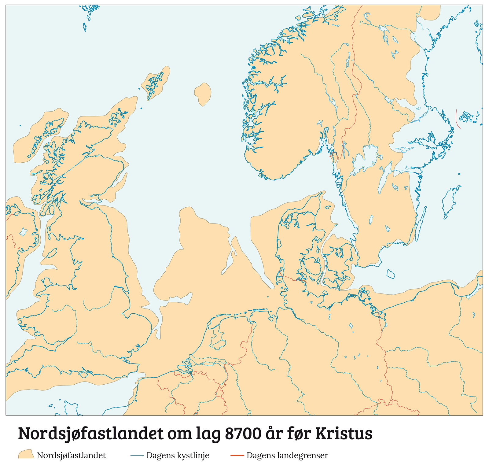 kart som viser nordsjøfastlandet 8700 år før kristus. Me ser fastlandsforbindelse mellom Sotrbritannia og kontinenetet, eit stort Danmark og eit nokså oversvømt Sverige.