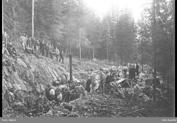 I grøfta&amp;#160;står en pukkmaskin som ble brukt til å knuse stein. Pukkmaskinen var et produkt av den nye industrien.Fotograf: ukjent. Eier: Digitalt museum.
