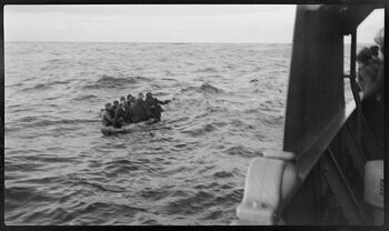 Overlevende fra et norsk skip i Nord-Atlanteren tas ombord i den norske korvetten "Potentilla" høsten 1942. De overlevende hadde vært en del av en konvoi som var under tyske ubåtangrep i fire dager.&amp;#160;