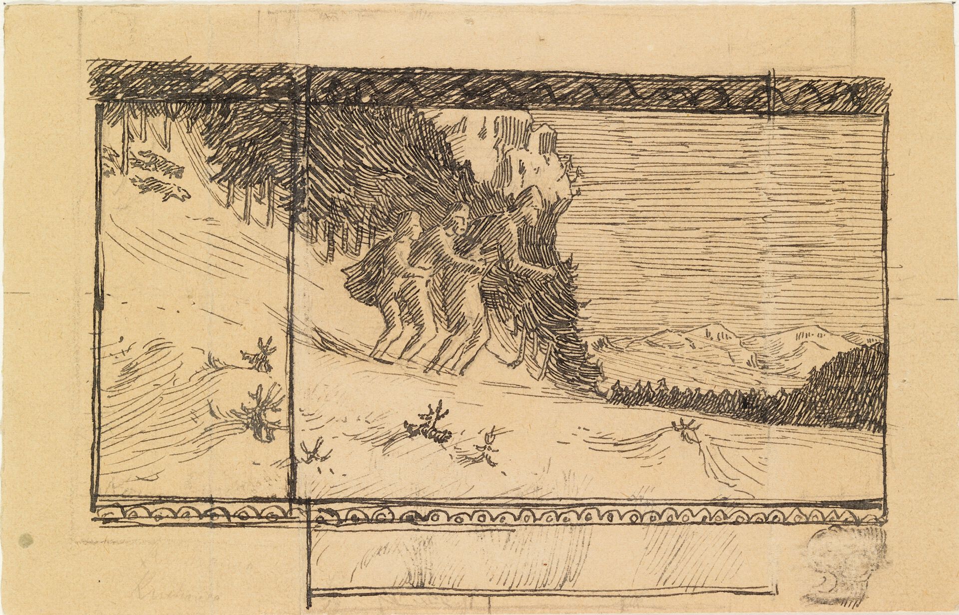 Tegning av tre menn på ei ski